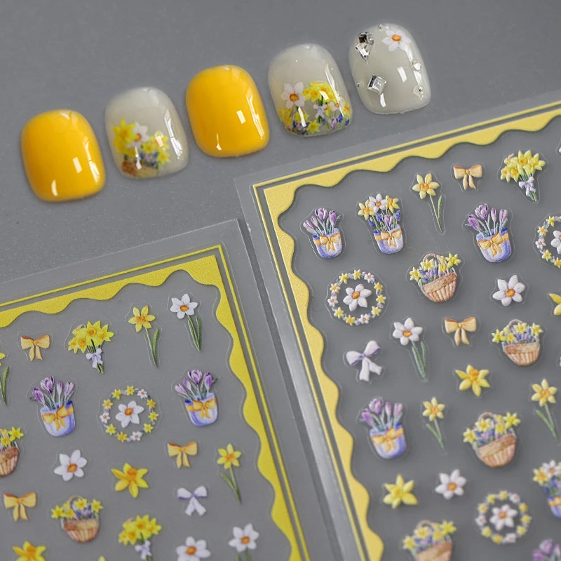 Auto-adesivo Nail Art adesivos, 5D hortênsia tulipas decalques, em relevo macio, Narciso Bouquet, Lírio do Vale, 3D Manicure