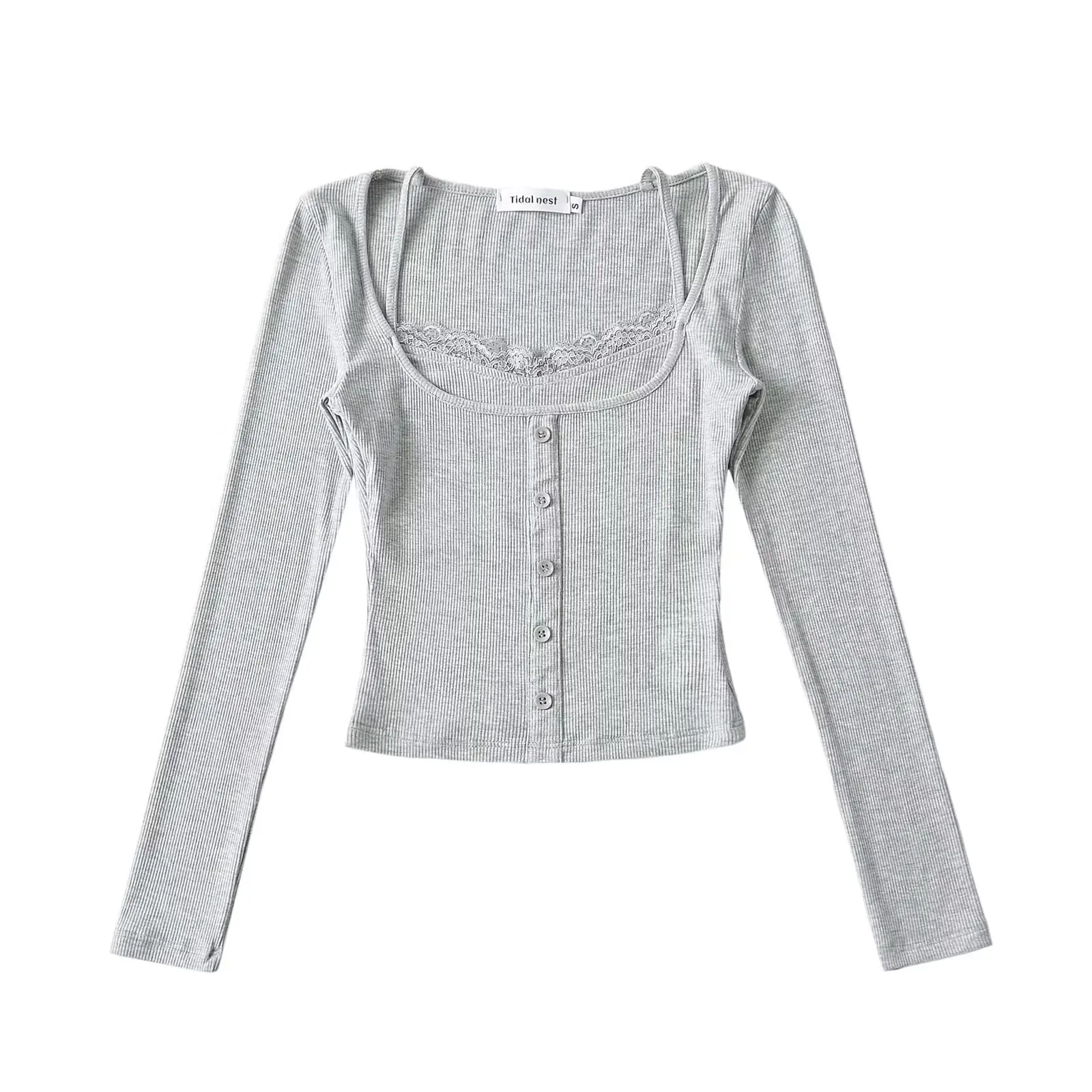 Doce coração caça renda guarnição cinta emenda ort sle longo sve fino botão decoração base irt topo rua sle gola quadrada