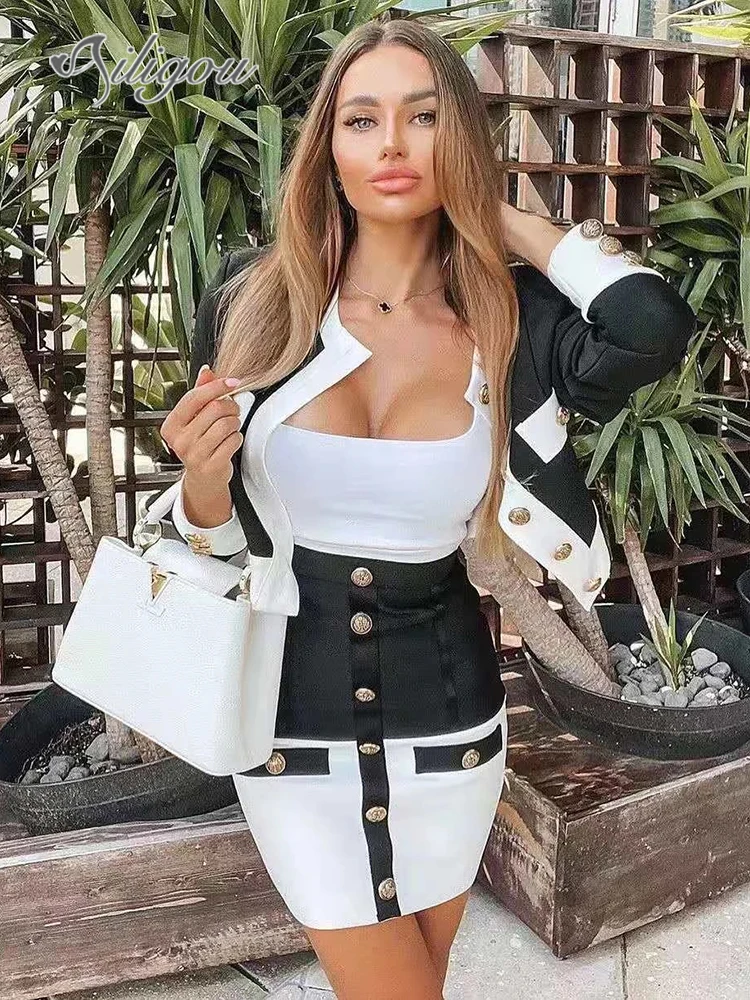 Ailigou Free Shipping 2022 New Summer Chic Color Block Button Design Two Pieces Set Celebrity Party Club Bandage Suit