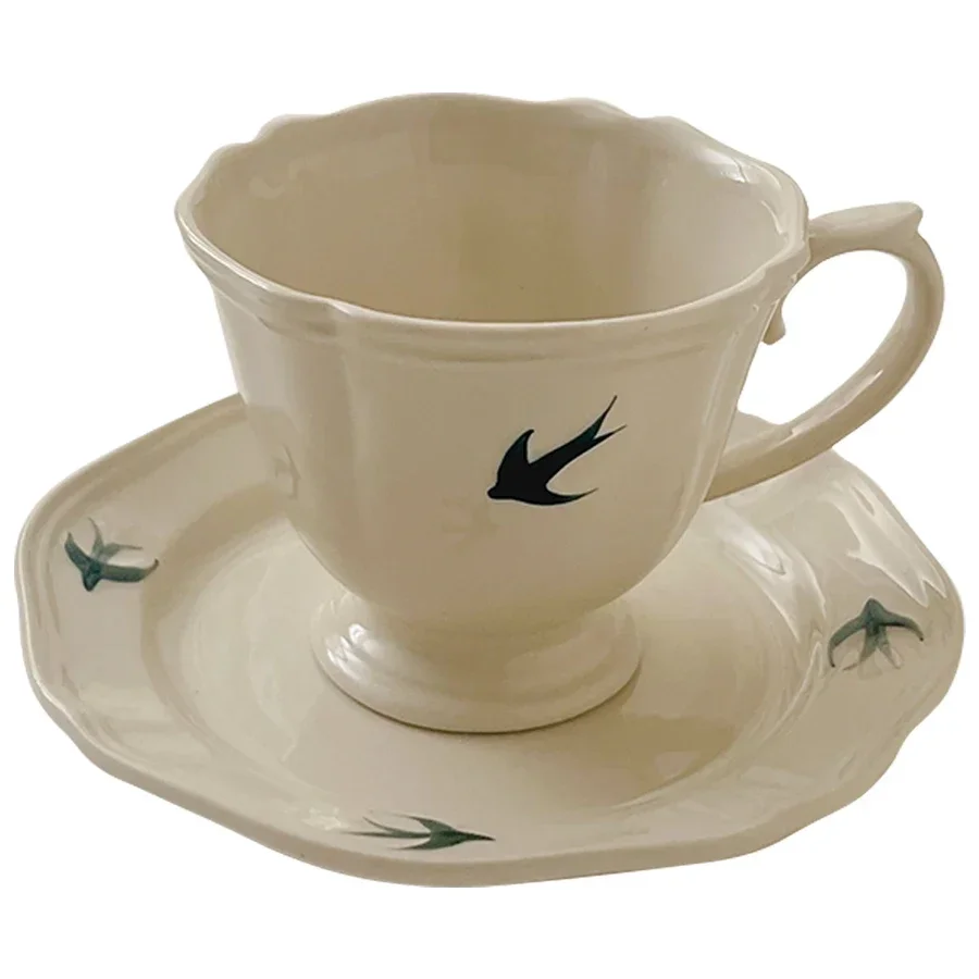 Swallow Pattern Japanese Vintage Coffee Cup Set Cup and Plate Ceramic Small Household Drawing Japanese Afternoon Tea Cup