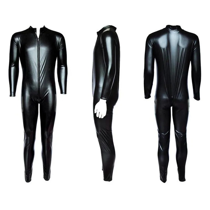 

Men Long Zipper Faux Leather Wet Look Bodysuit Shiny Full Body Jumpsuit Catsuit Fetish Costume Plus Size