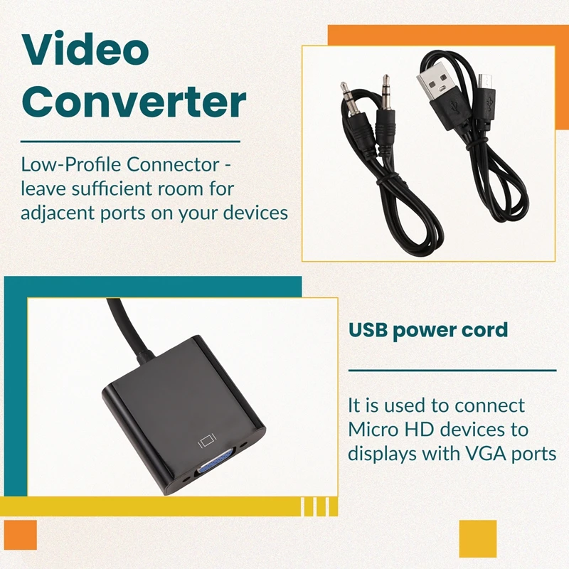 Micro- to VGA Adapter Cable 1080P Video Converter with Audio Jack USB Power Cable for Camera-DTD2
