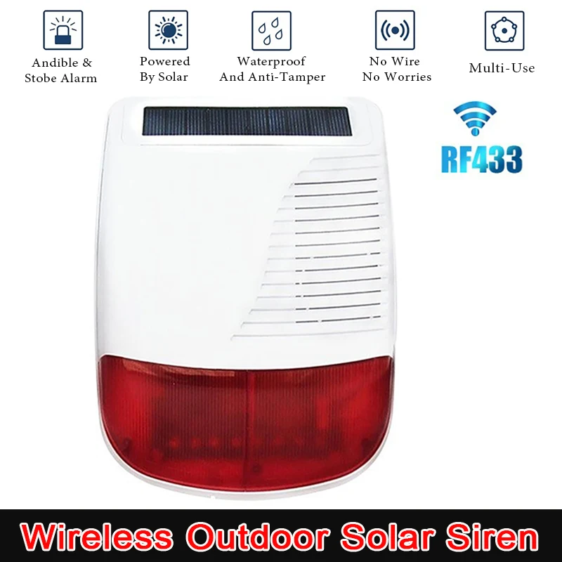 433Mhz Wireless Outdoor Solar Siren High Decibel Loudspeaker Waterproof Strobe Alarm Siren Easy Installation Long Battery Life