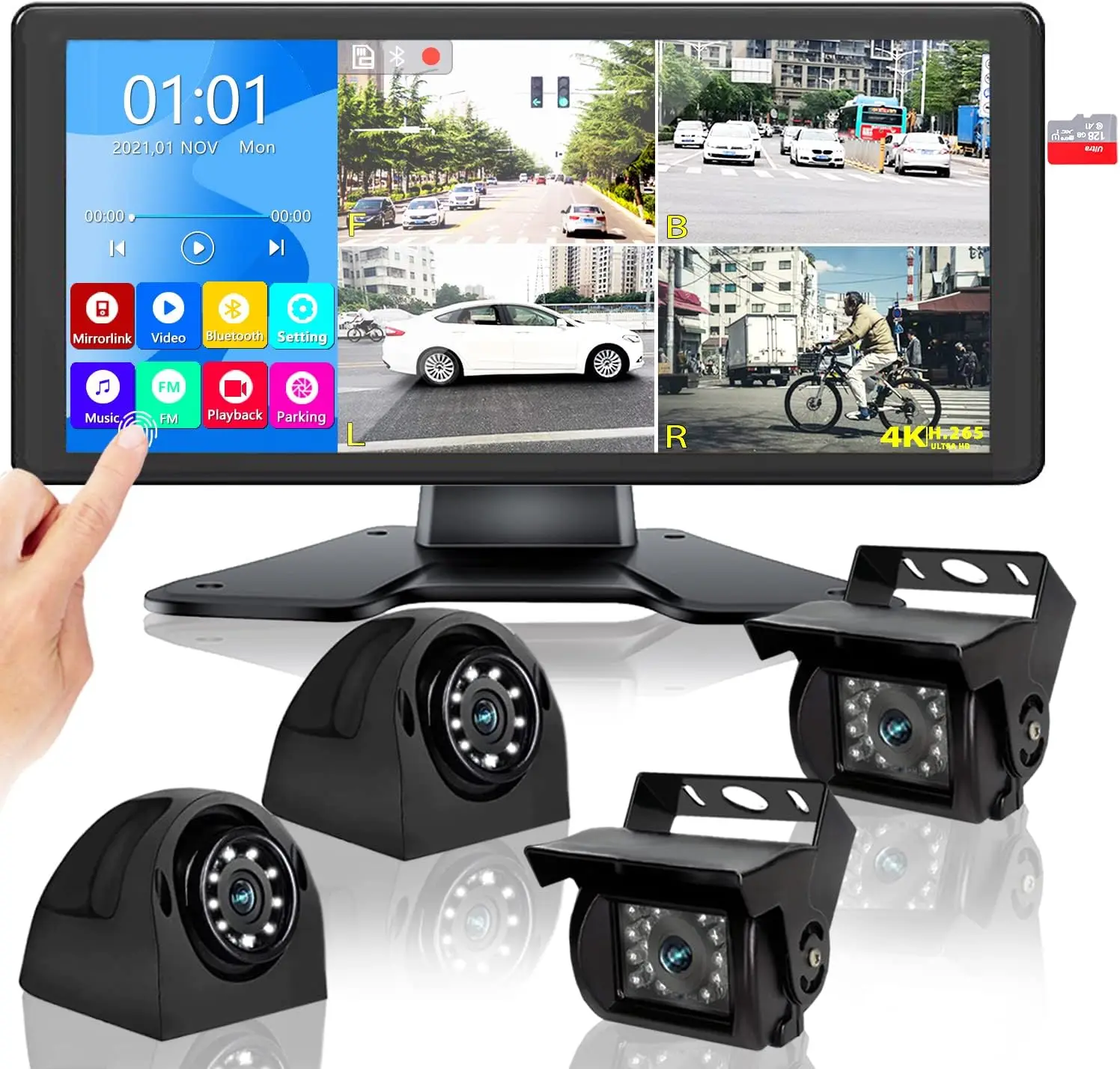 10.36 Inch 4 Splits Touch Screen DVR Recording Monitor Bluetooth FM USB MP5 4 1080P Rear/Side View Cameras for RV Truck Trailer