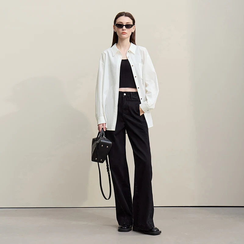 Amii camisa feminina 2026 primavera nova lapela camisa de manga longa volta colarinho fenda branco versátil solto blusa casual para mulher 12641099