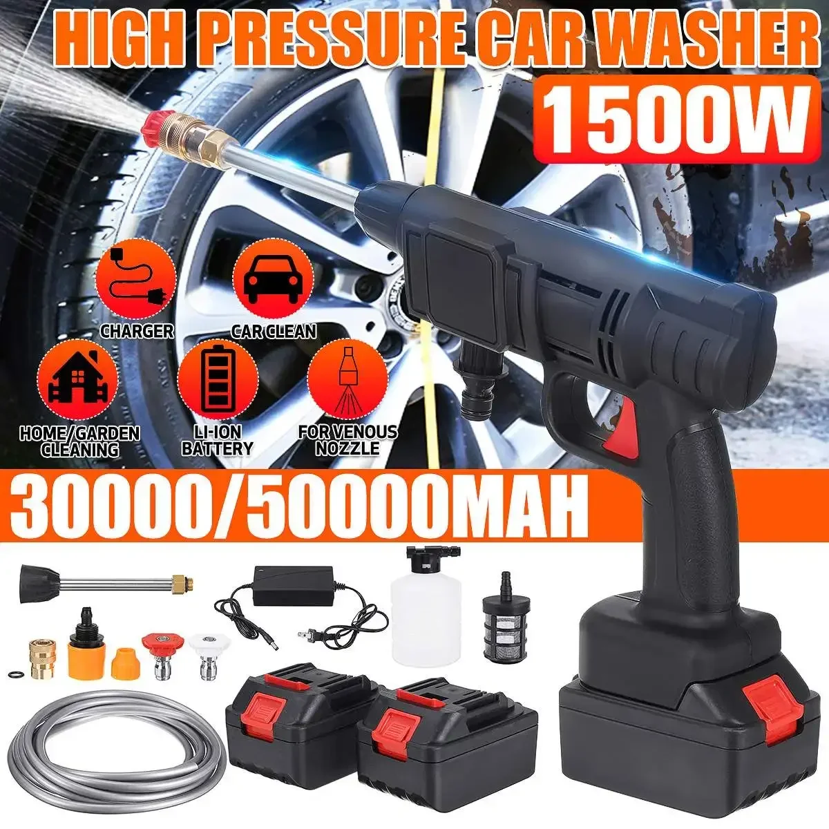 

70Bar 1500W Wireless High Pressure Car Wash Washer Gun 50000mah Foam Generator Water Gun Spray Cleaner for Makita 18V Battery