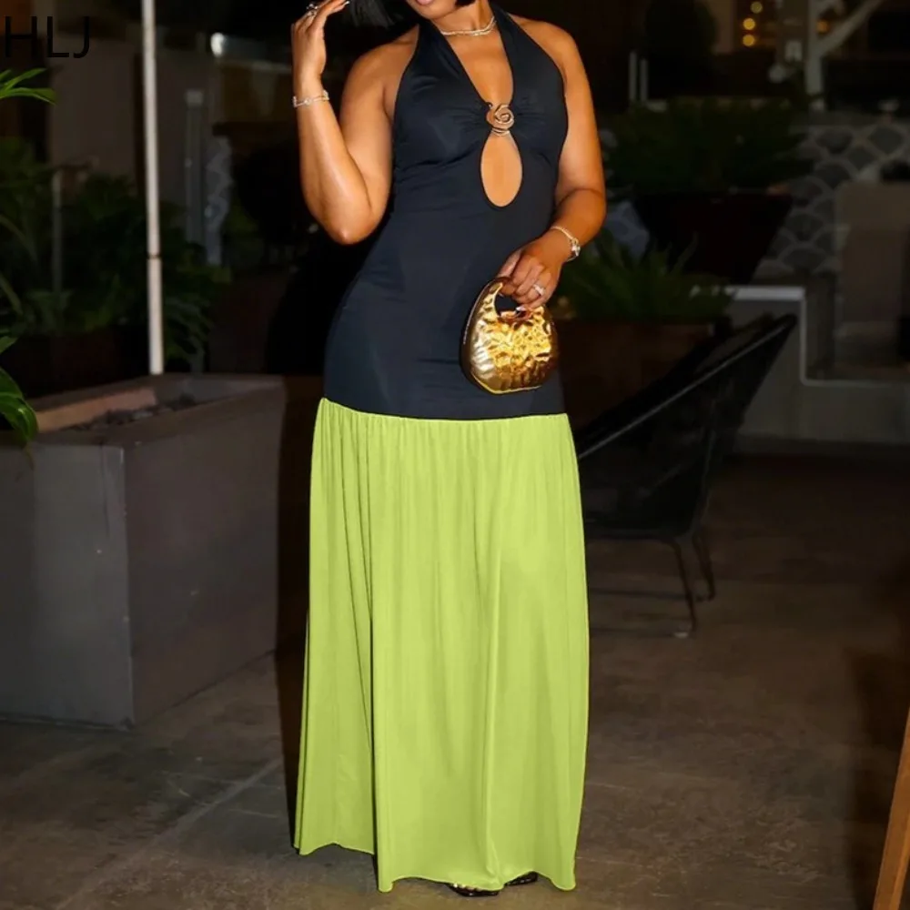 

HLJ Sexy Hollow Out Bodycon Long Dresses Women Color Block Halter Deep V-neck Backless Dress Female Holiday Vestidos Summer New