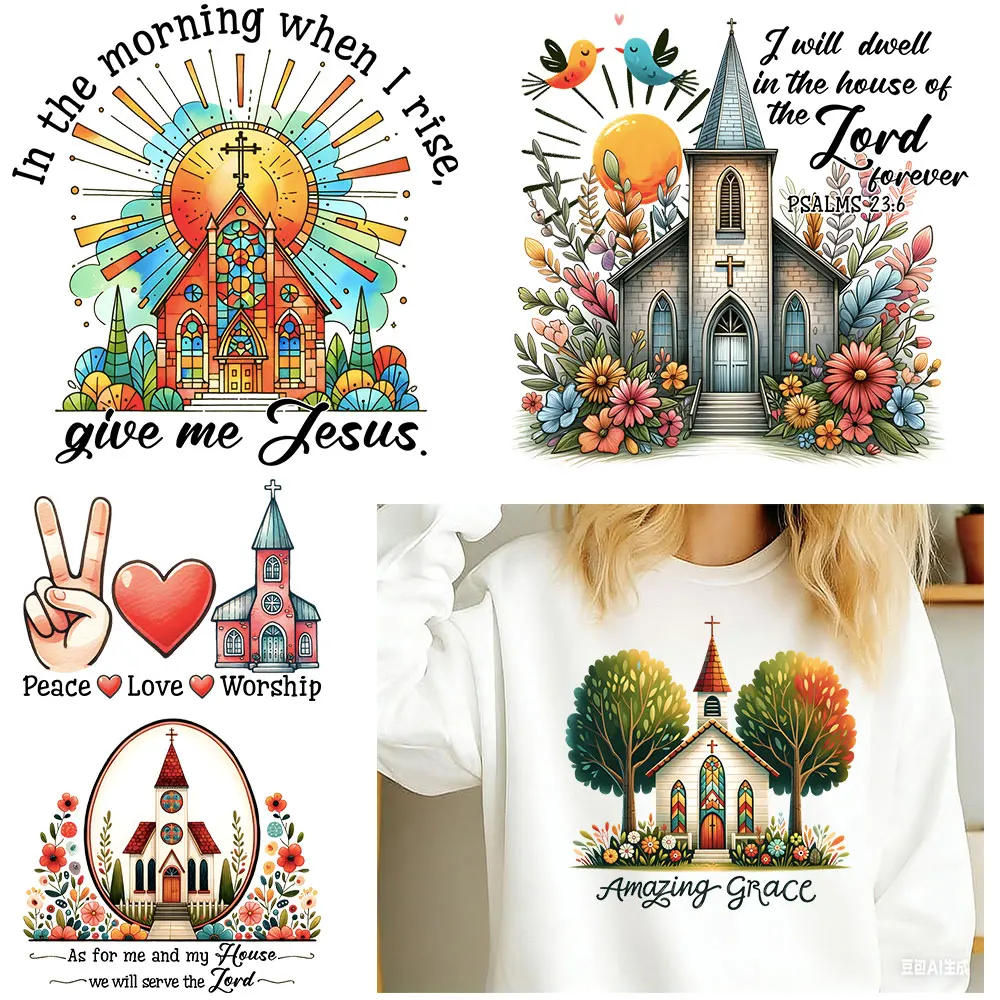 

Beautif Church Iron On Patches for Clothing DIY Heat Transfer Stickers Vintage Faith Themed Applique Decals for Tshirts Badges