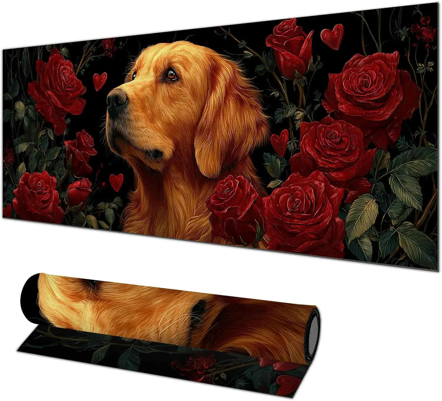 Romantic Rose Golden Retriever Gaming Mouse Pad, Cute Dog Red Floral Heart Vintage Art Print, Non‑Slip Mat for Home Gaming