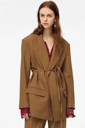2024 Spring Autumn New Fashion Solid Colors Lace Up Loose Casual Blazer Simple High Waist Office Blazer Suit with Bandage Women