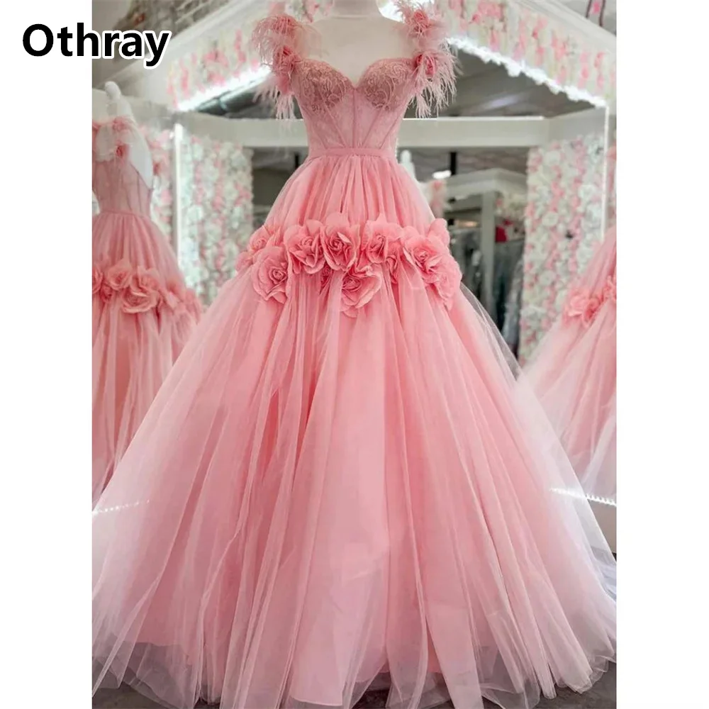 Othray Sweet Pink Prom Dresses Lace Exposed Boning Feathers Shoulder A Line 3D Rose Wedding Gowns Formal robes de soirée