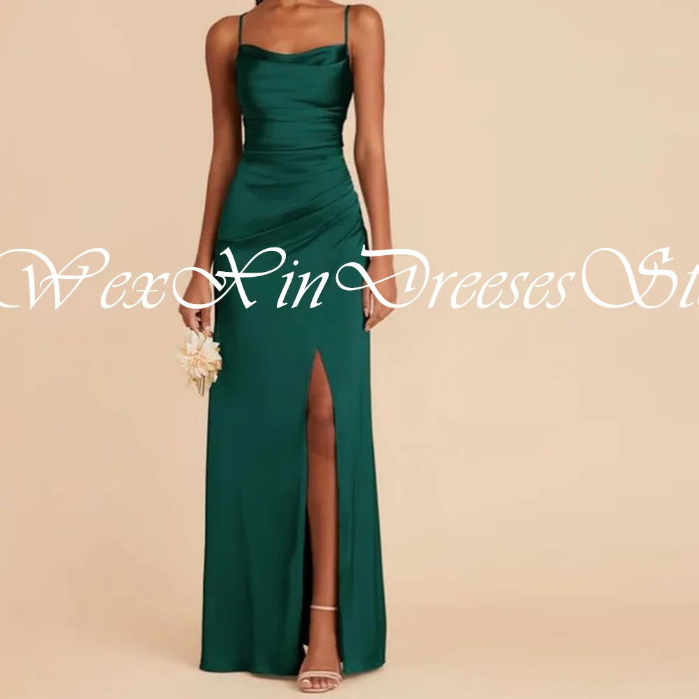 Elegant Party Dresses Woman 2024 Spaghetti Strap Side Silt Straight Square Neck Floor Length Sleeveless Solid green Bridesmaid