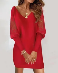 Christmas Women Sheer Mesh Patch Lace Minicasual Dress Female V Neck Long Sleeve Shortparty Red Dress Newin Festival Clothes