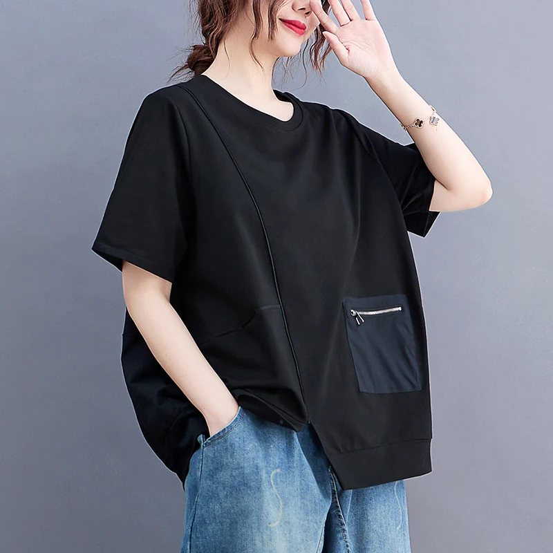 Faionable solto ort sve camiseta feminina plus size verão topo assimétrico bainha design sensação casual mistura de algodão