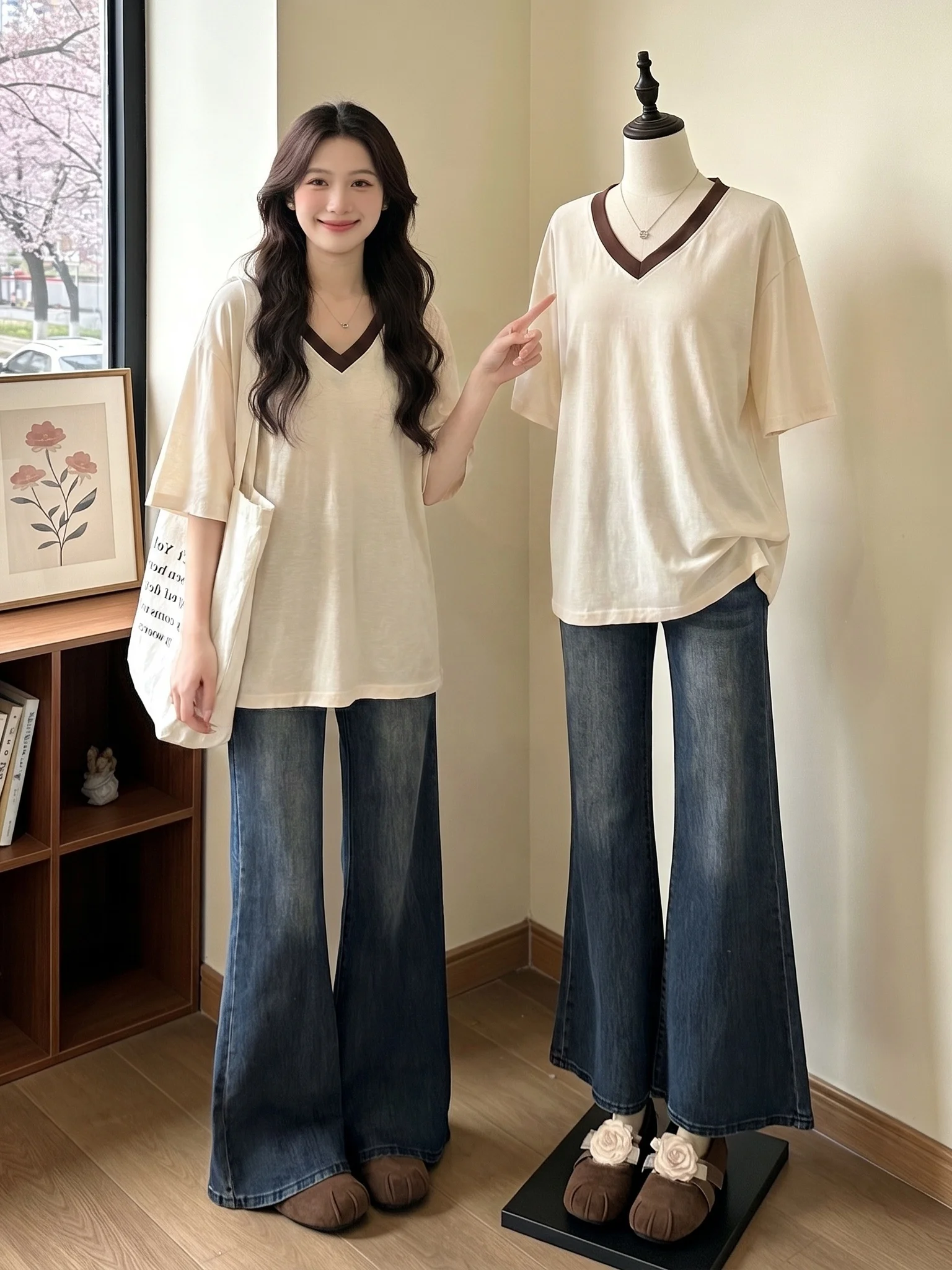 Slim Fit V-Neck Short Sleeve T-Shirt Women's Summer New Style plus Size Cover Belly Mid-Length Top Korean Version Loose Style