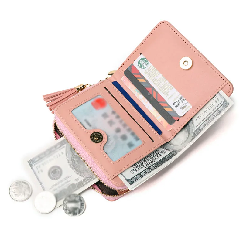 Women PU Leather Multi-card Wallet with Tassels Printing Fresh Short Card Holder Large Capacity Multifunctional Mini Handy Bag