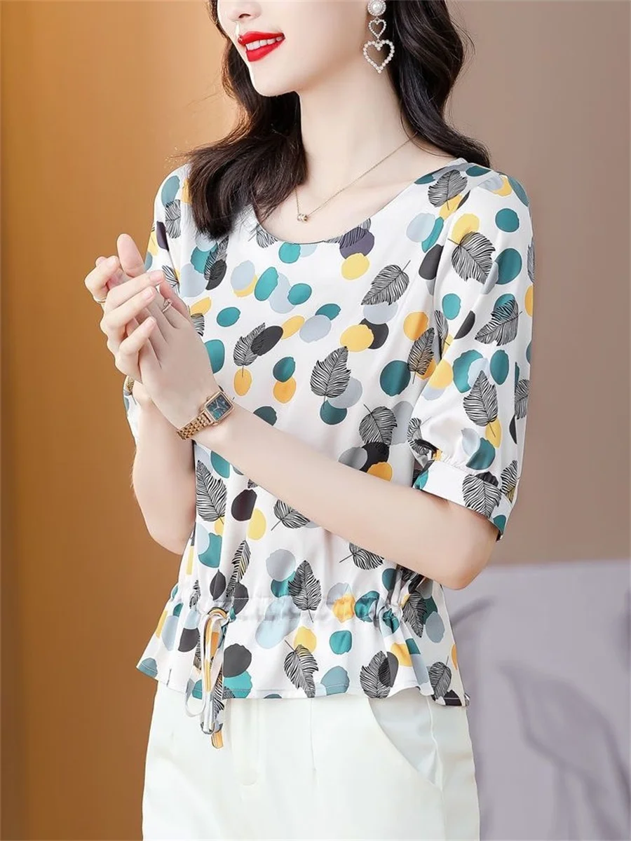 Woman Summer Style Blouses Shirts Lady Casual Short Sleeve O-Neck Polka Dot Printed Blusas Tops DF4585