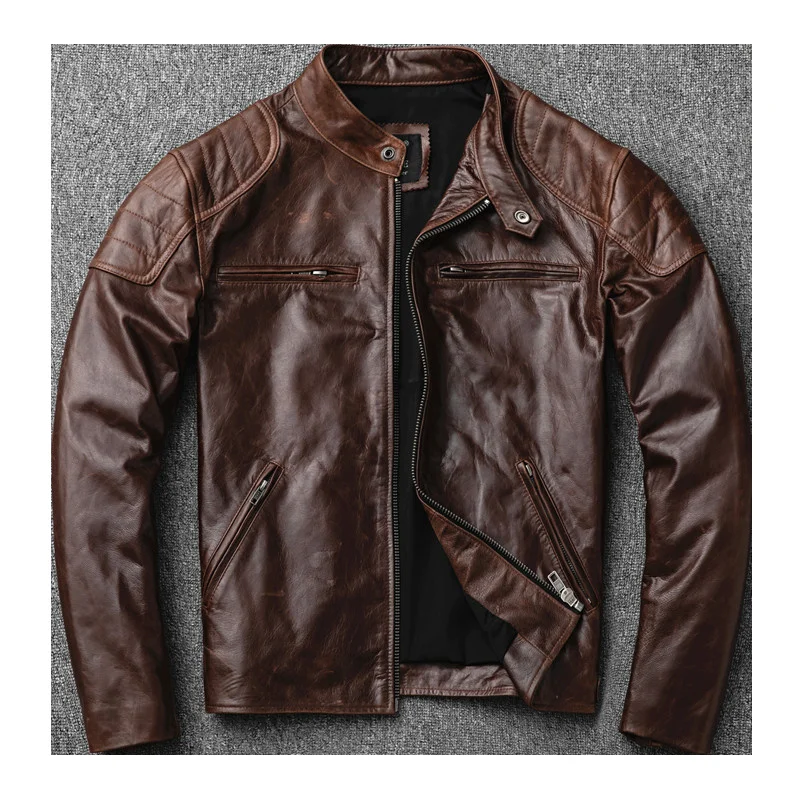 motor Free shipping.Brand new biker style.vintage Brown genuine leather Jacket,fashion mens tanning goathide coat,sales