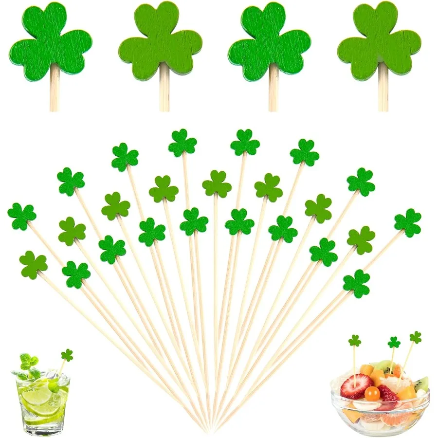 100 Uds. Palillos de cóctel de trébol del Día de San Patricio, palillos de dientes de bambú verde de 4,7 "para aperitivos, bebidas, razas de fiesta con temática irlandesa