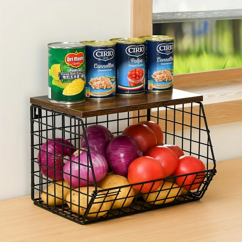 

2pcs Fruit & Onion Wire Basket with Wood Top, Wall-Mounted or Stackable Kitchen Counter Organizer for Potatoes Bread Snacks