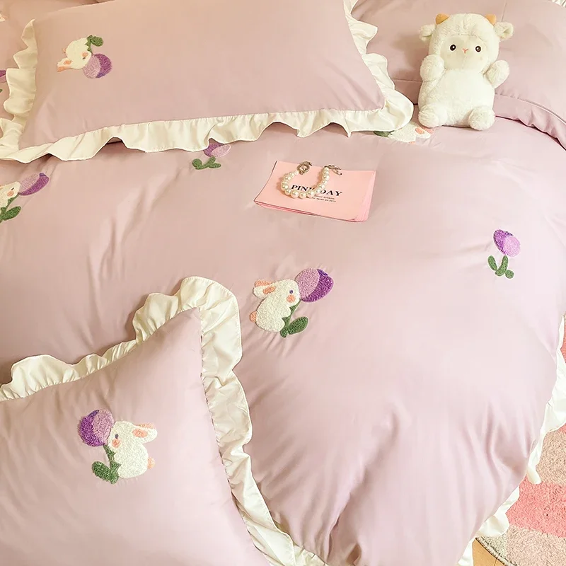 Princess wind washed cotton bed four-piece set girls dormitory bedding lace embroidered quilt cover bed sheet three-piece set