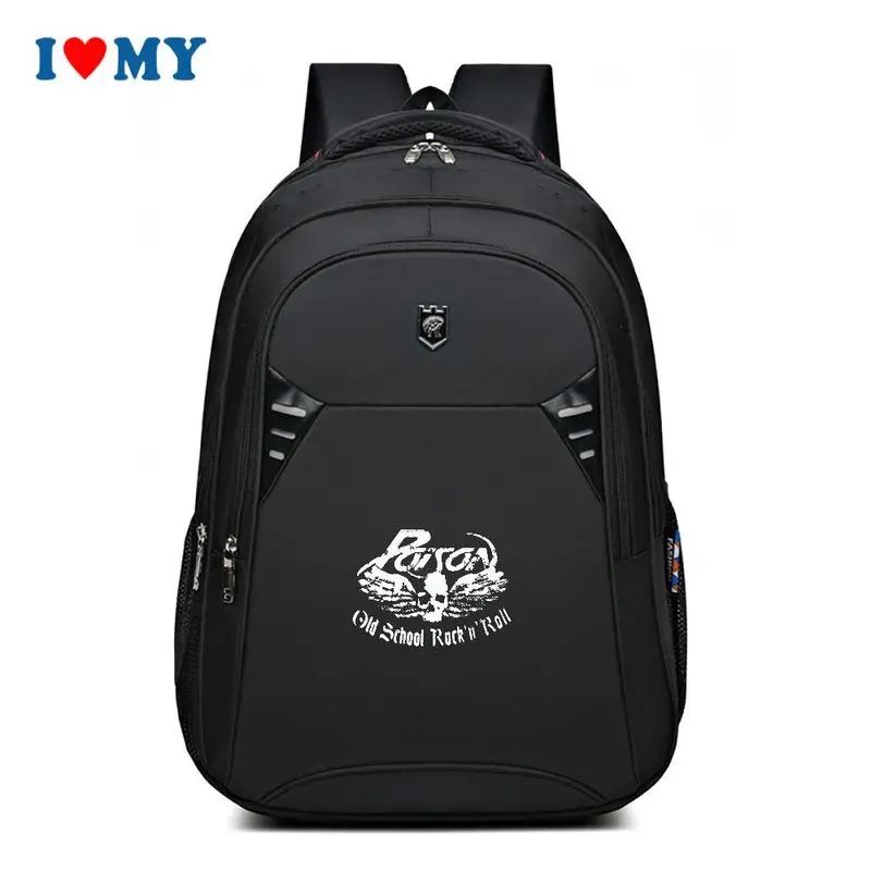 

Black Athletic Shoulder Backpack for Men Women Youth, Large Capacity School Travel Outdoor Pack with Skull Rock N Roll Print