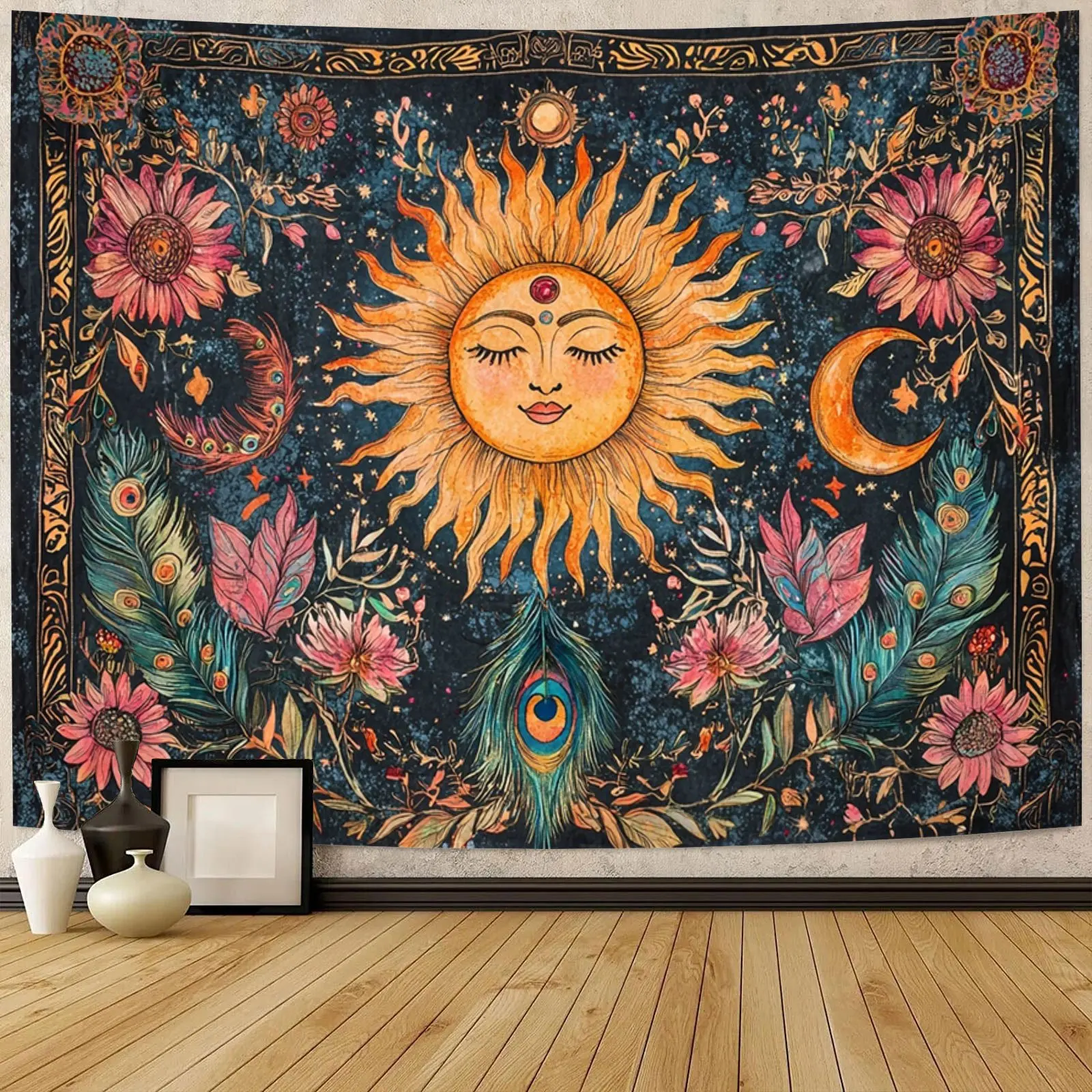 Bohemian Tapestry Wall Hanging Boho Decor Astrology Sun Moon Floral Art Ethnic Boho Yoga Room Decoration Wall Backdrop Polyester