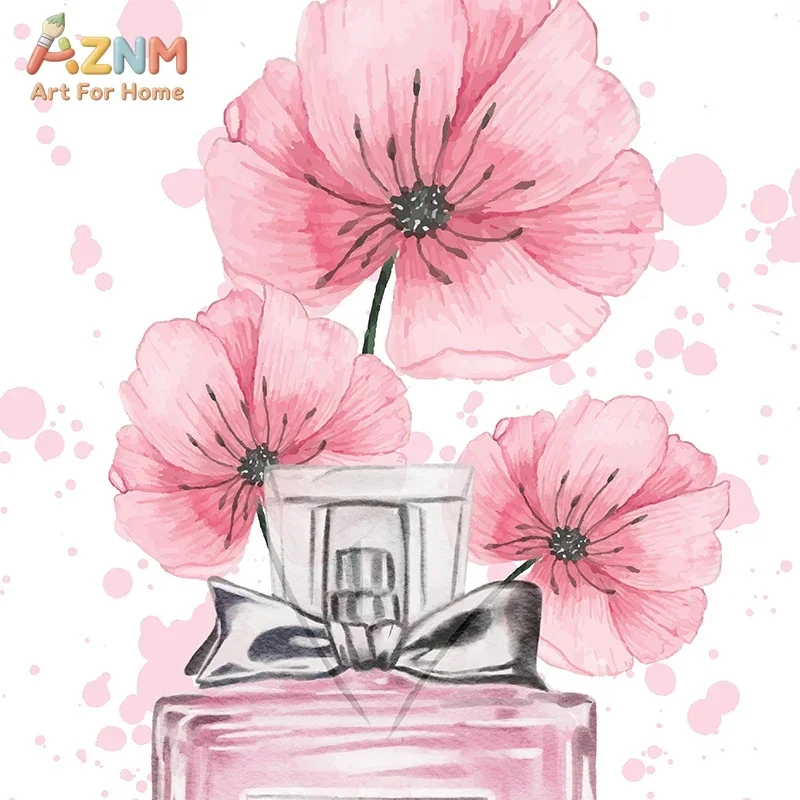 AZNM Pink Fashion Perfume Canvas Print, Frameless Glam Book Stack Flower Wall Poster, Elegant Girls Vanity Artwork for Bedroom H