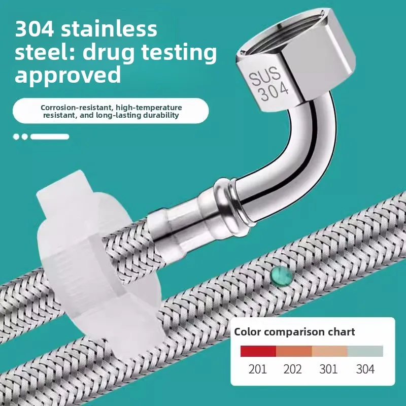 90 Degree with Elbow Hose Toilet Inlet Pipe 304 Stainless Steel Braided Pipe Metal Right Angle Hot and Cold Water Explosion