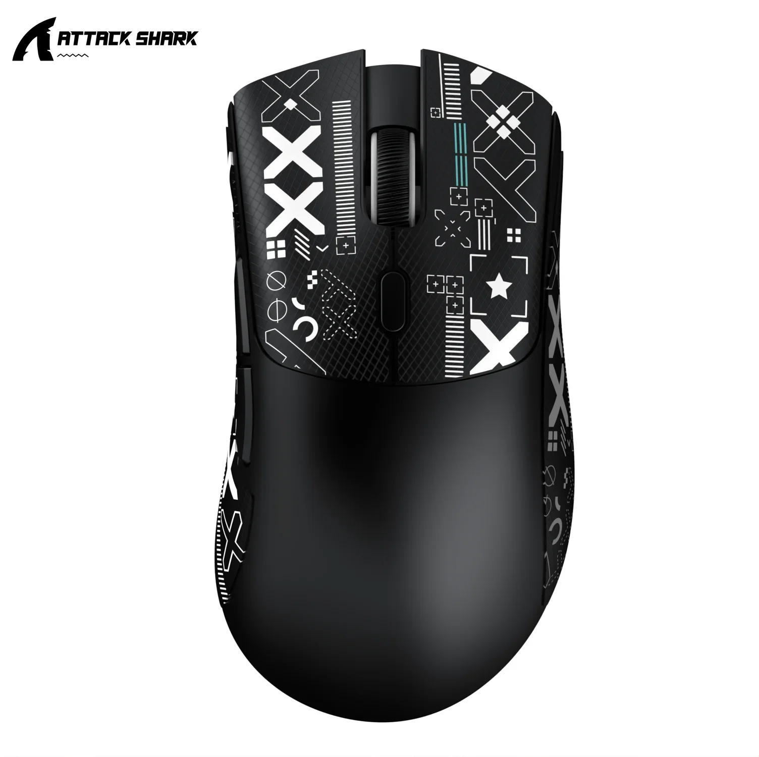 Close-up do mouse Attack Shark X11 preto com design em X e padrões geométricos