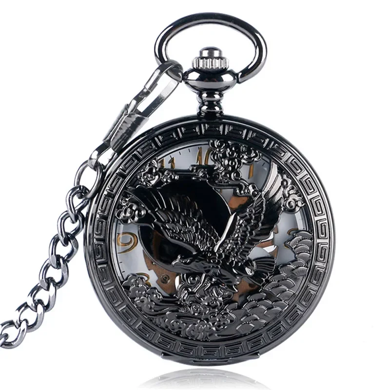 Antique Black Hollow Eagle Case Skeleton Hand-winding Mechanical Men Pocket Watch Arabic Number Clock with Chain