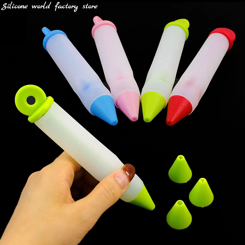 Silicone World Silicone Mounted Pen with 4 Heads Set Cream Pen Chocolate Biscuit Dessert Decoration Writing Pen Baking Tools