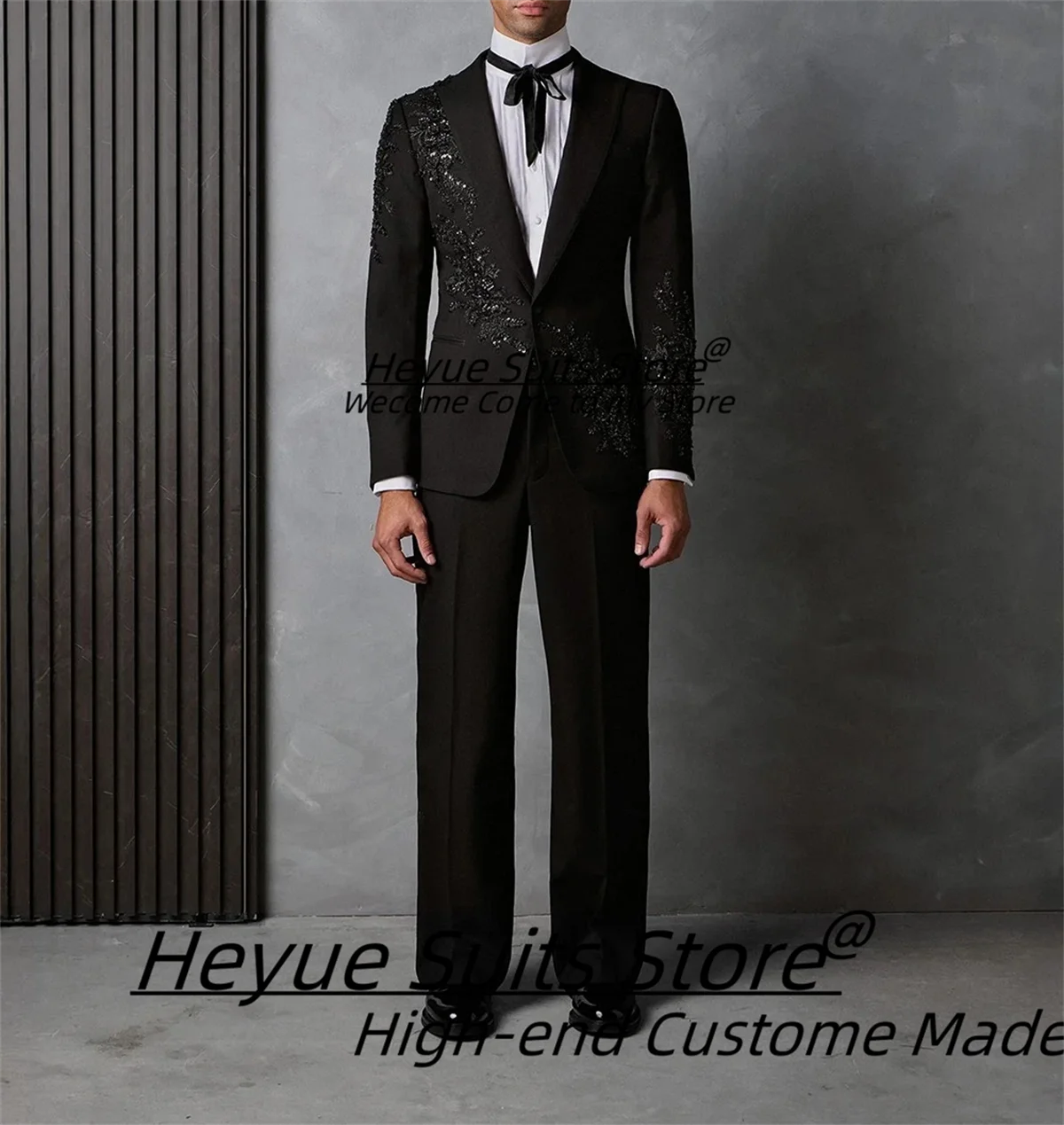 Luxurious Black Bead embroidery Groom Wedding Tuxedos Customized Slim Fit Peak Lapel Men Suits Formal 2 Pieces Sets Ropa Hombre