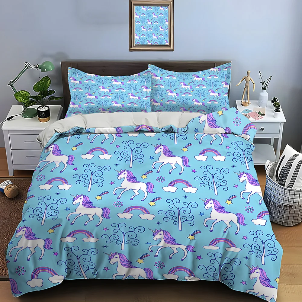 Fantasy Unicorns and Rainbows Pattern Print Bedding Set 1 Duvet Cover 2 Pillowcases for Adult and Children Luxury Gift Full Size