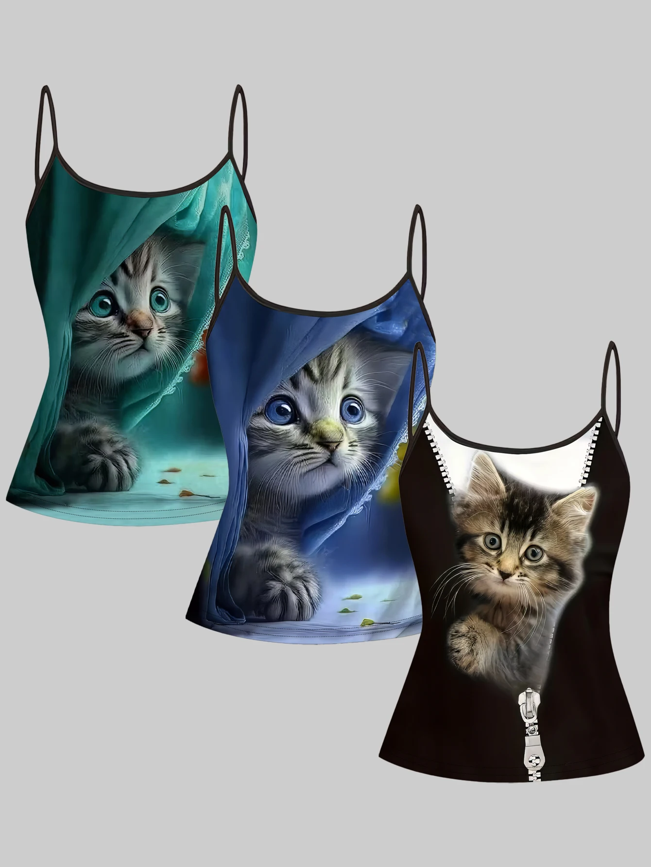 3-Pack of Cute Kitten Animal Print Camisoles for Women, Slim Fit Sleeveless Summer Base Layer Camisoles
