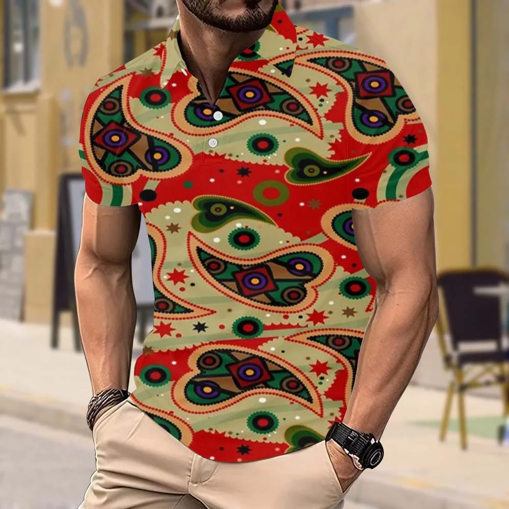 Men's Retro Cashew Flower Print Top Polo Shirt Street Polyester Slightly Elastic Short-sleeved T-shirt Y2k Casual Lapel Polo Shi