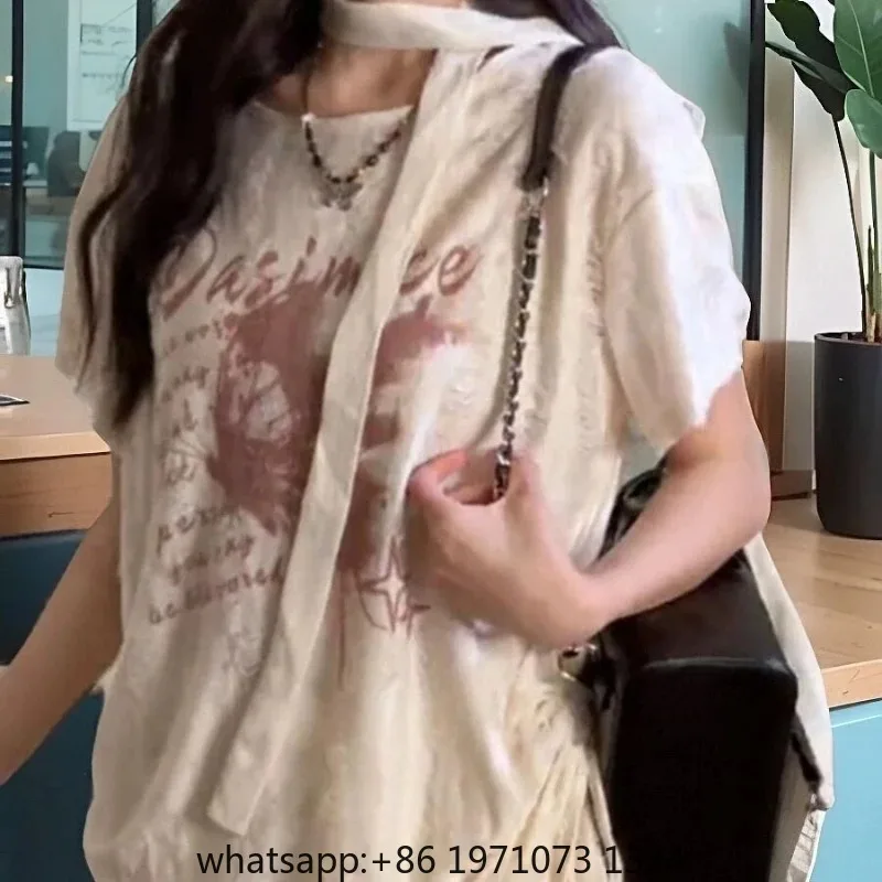 Summer Harajuku Letter Butterfly Print Grunge T-shirts Loose Streetwea Oversized Tops Women Y2k Aesthetic Casual Drawstring Tees