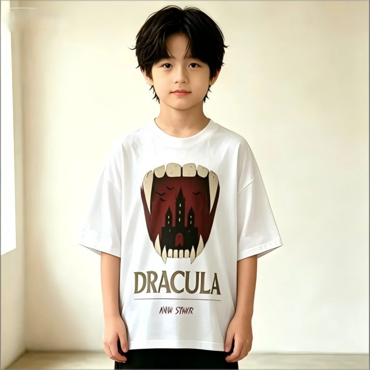 Dracula Vampire Fangs Castle Graphic T‑Shirt, Retro Gothic Horror Art Print Tee, Casual Short Sleeve Top for Halloween Fall Dark
