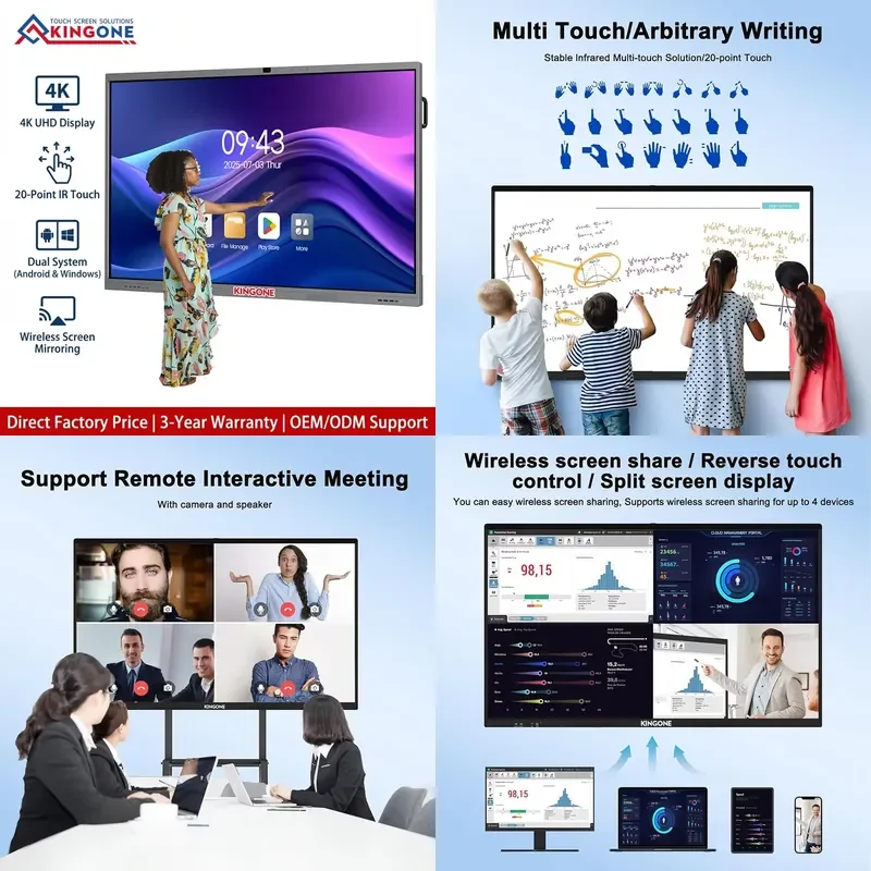 KINGONE 65/75/85 Inch 4K LCD Touch Screen All-In-One Interactive Board Smart Digital Whiteboard for Education Business
