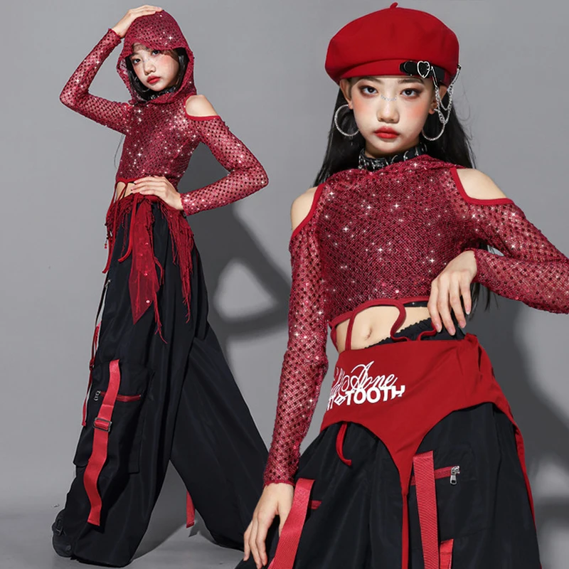 

Kid Jazz Dance Show Costume Girls Kpop Performance Stage Suit Glitter Red Tops Black Trousers Hip Hop Street Dance Clothes 4977