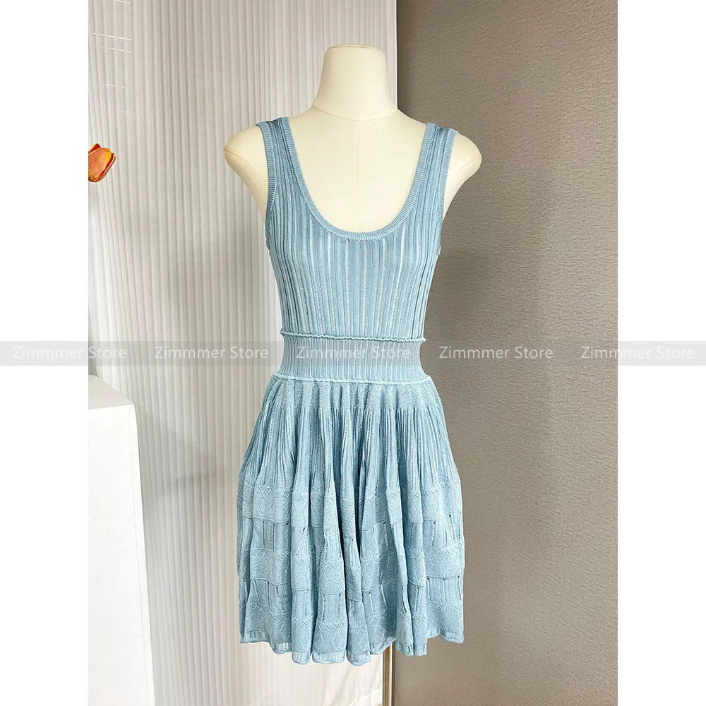 

Blue Slim knitted vest skirt women summer 2024 new pure desire pleated waist thin short skirt