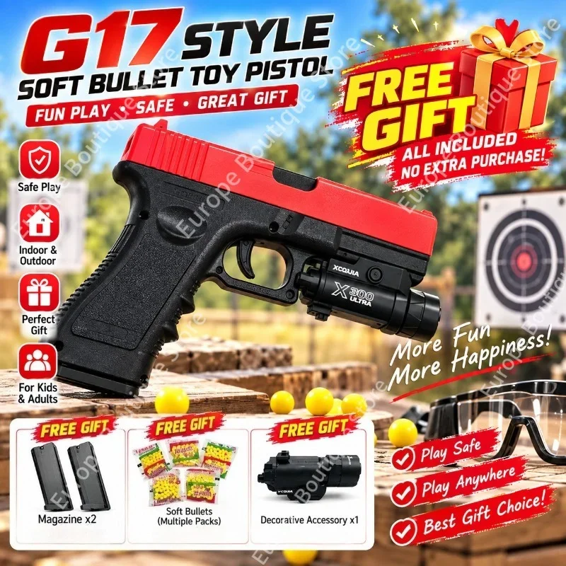 G17 Alloy Toy Gun Full Kit, Shooting Toy with Free Flashlight, Magazines & Bullets, Long Range Kids Birthday Game Gift