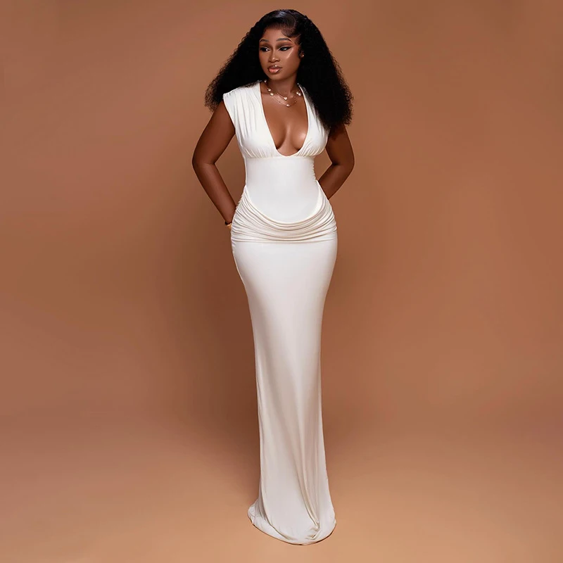 Elegantes Kleid mit tiefem V-Ausschnitt für Damen, sexy, gerüscht, ärmellos, Basic, Stretch, modisch, Geburtstag, Party, Bankett, figurbetont
