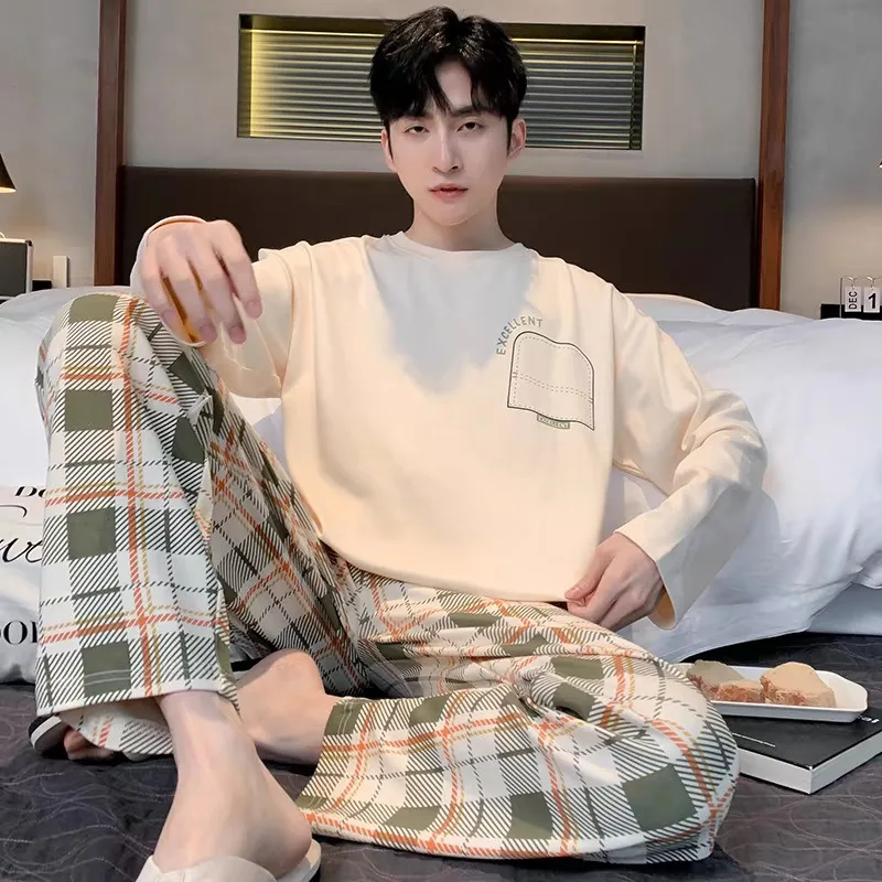 Plus Size Men Pajamas Cartoon Long Sleeve Trousers Student Sleepwear Loungewear Two-Piece Set Round Neck Striped Homewear