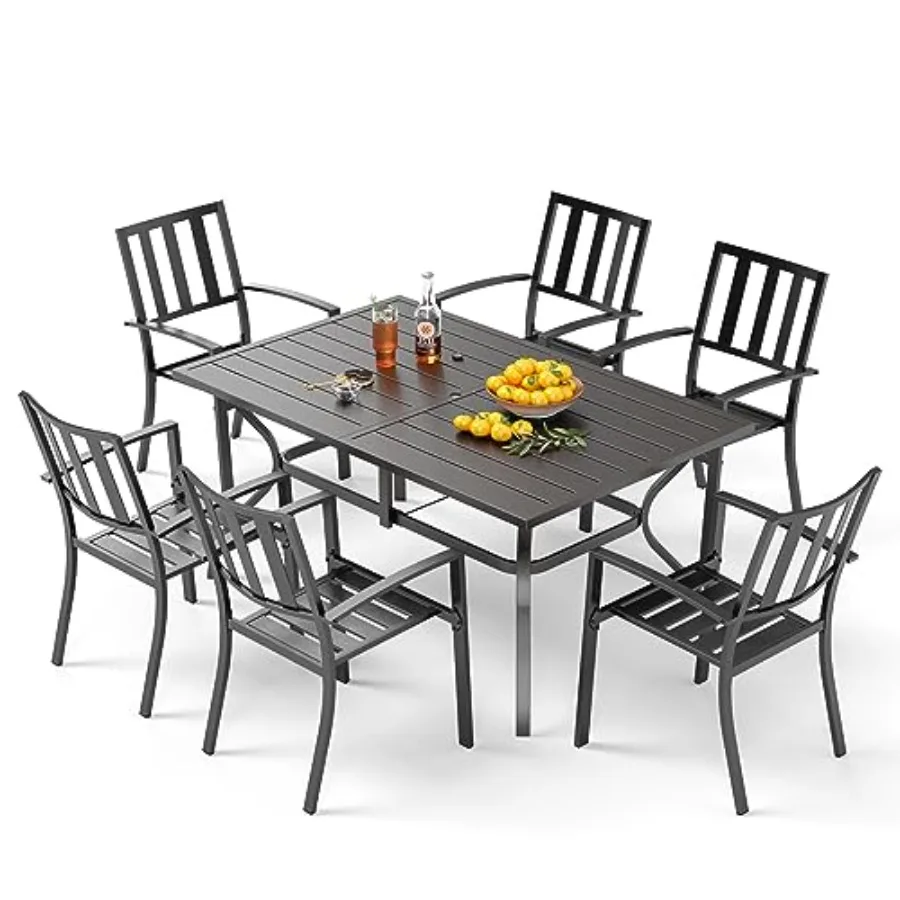 

7 Piece Outdoor Dining Set for 6 with 60 Rectangular Metal Steel Table and Stackable Chairs in Black for Patio Deck Yard Garden