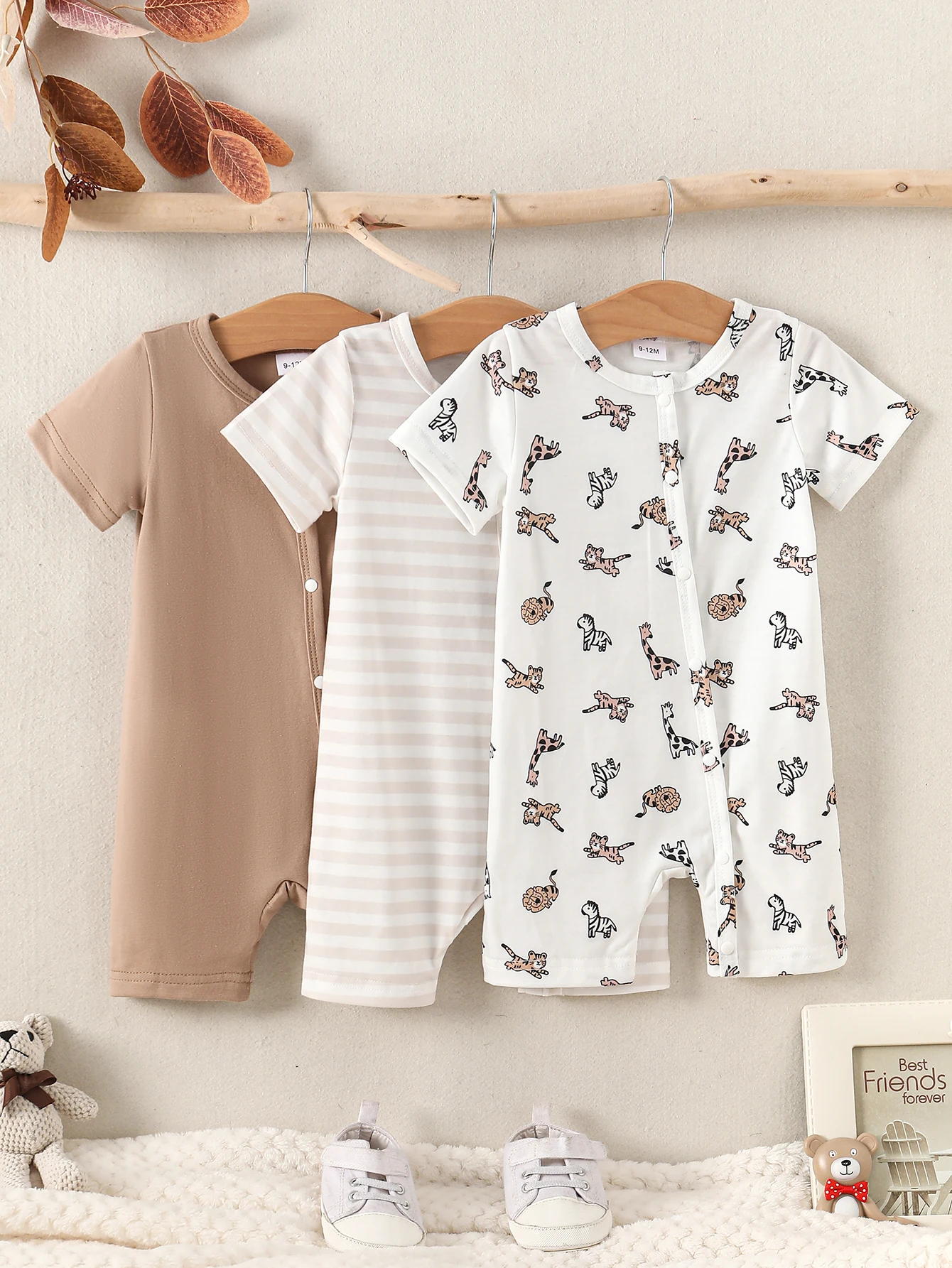 Casual cute animal full print+stripes+solid color round neck short sleeved baby boy jumpsuit three piece combination