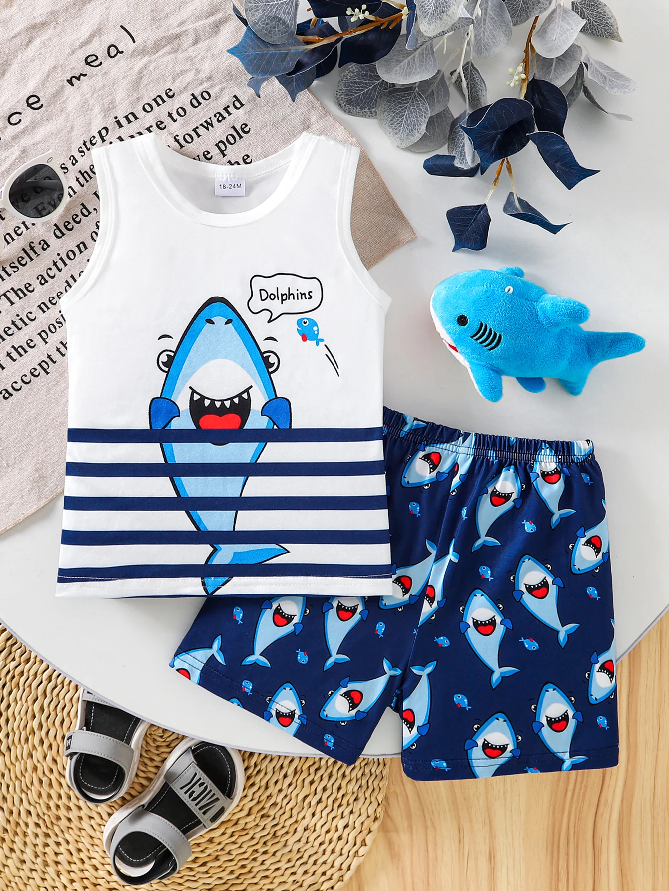 2026 Spring Summer Cute Baby Boy Cartoon Shark Print Sleeveless Tank Top & Shark Pattern Shorts 2-Piece Set 0-4 Years: Soft Fabr