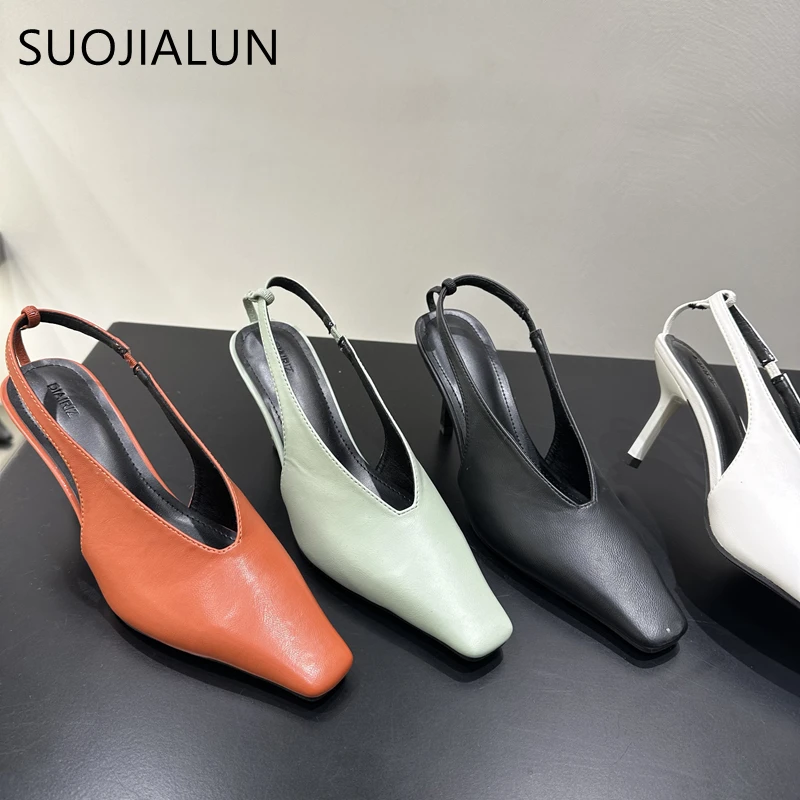 SUOJIALUN 2025 Summer Women Sandal Fashion Round Toe Shallow Slip On Ladies Elegant Pumps Shoes Thin High Heel Slingback Shoes