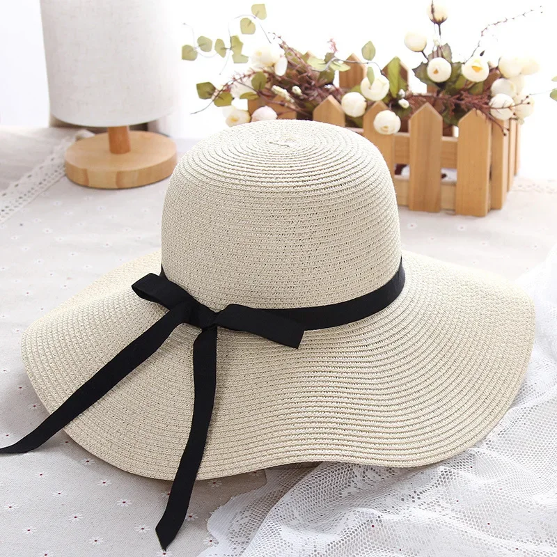 Wide Brim Bowknot Ribbon Straw Sun Hats for Women Girls Summer UV Protection Floppy Foldable Beach Hat Outdoor Travel Panama Cap