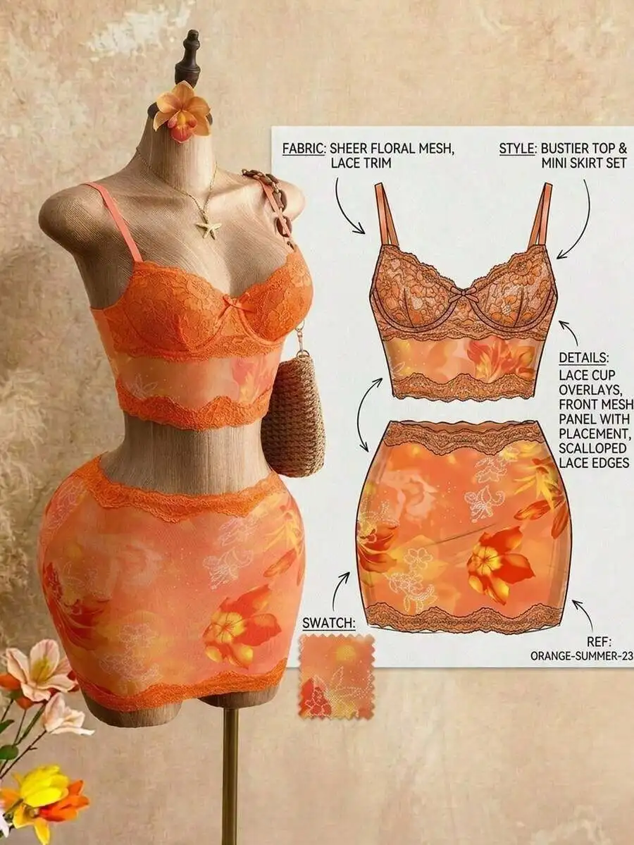 

Orange Floral Mesh Lace Trim Bustier Top And Mini Skirt Set Womens Summer Two Piece Outfit